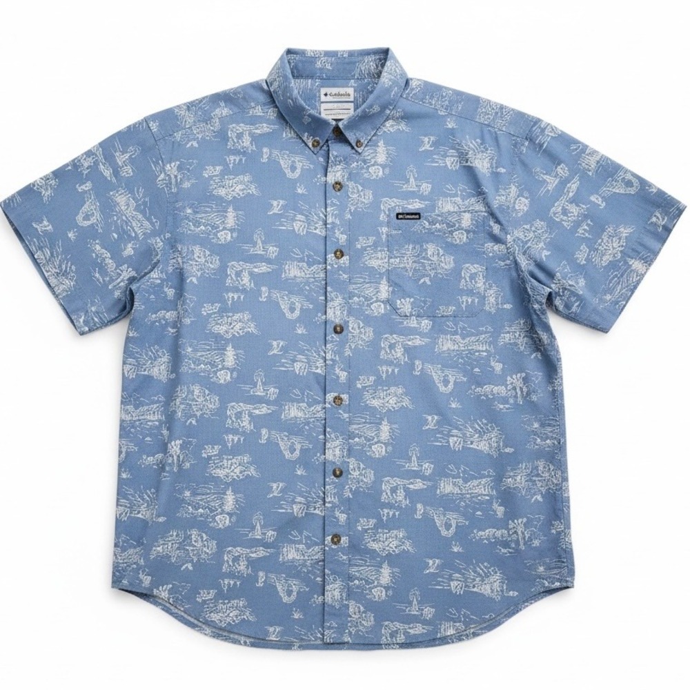 Columbia Scenic Landscape Shirt Mens XXL Blue Cotton Short Sleeve Button Up